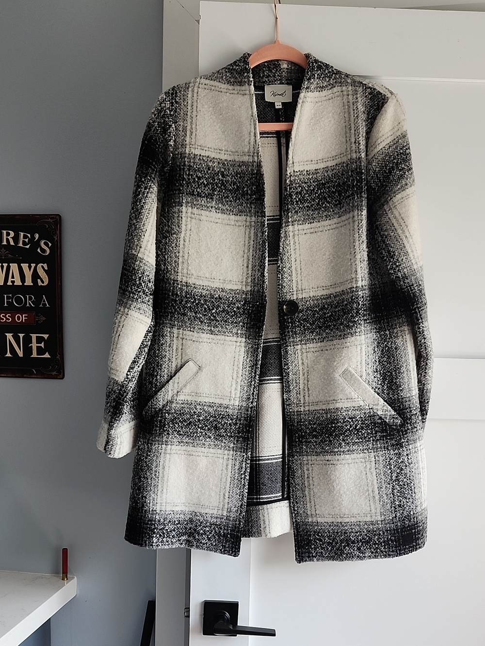 Kismet Black & White Plaid Collarless Wool-Blend Pea Coat